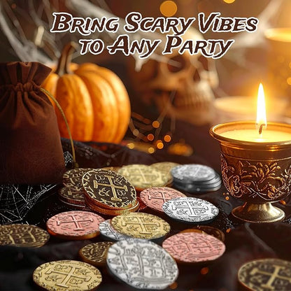 Large Metal Pirate Coins - 100 Gold Treasure Coin Set, Metal Replica Spanish Doubloons for Pirate Party Decorations & Favors, Tokens, Toys, Cosplay - Pirate Treasure Chest, Size 1.18"