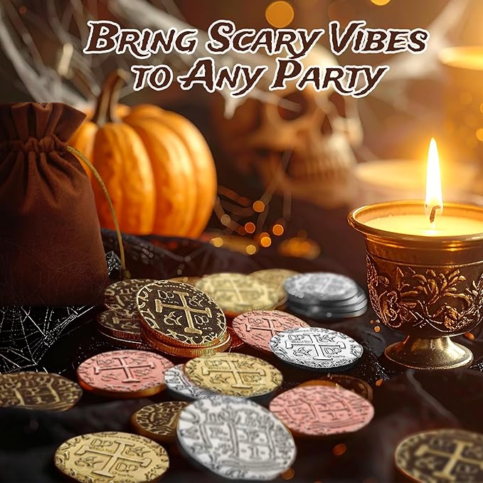Large Pirate Coins - 36 Bronze, Silver & Gold Treasure Coin Set - Metal Replica Spanish Doubloons for for Pirate Party Decorations & Favors, Tokens, Cosplay - Pirate Treasure Chest - M, L, XL Sizes