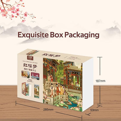 Tonecheer DIY Book Nook Kit for Adults, Wooden 3D Puzzle Bookend Bookshelf Insert Decor, Chinese Booknook Miniature House Kit with Dust Cover and Body Motion Sensor LED Light (Dream of Red Mansions)