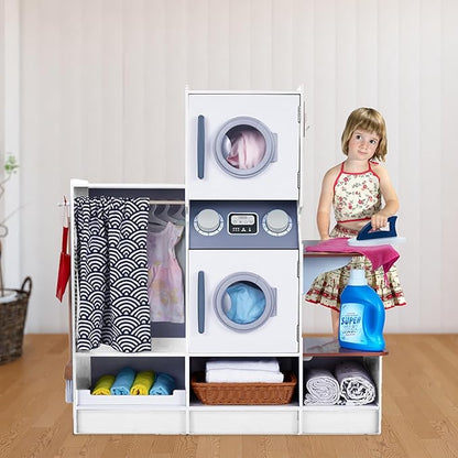 Lil’ Jumbl Kids Washer and Dryer Playset, Wooden Children's Pretend Laundry Set, Includes Broom, Dustpan, Iron, Hangers & Basket, Realistic Laundry Room for Kids - White