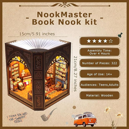 Book Nook Kit with LED Light,Beautiful Bookshelf Décor,Ideal Craft Gift for Adults & Teens for Birthdays, Halloween, and Christmas.