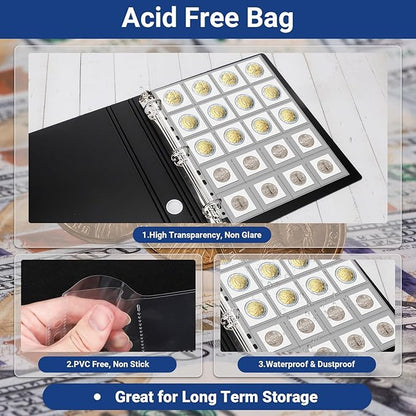 1200 Pockets Acid Free Coin Sleeves, Fit for Coin Flips 2x2 inch, 60 Pack 3 Ring Binder Sleeves Clear Plastic Stamp Collecting Supplies, Non Stick and Non Glare