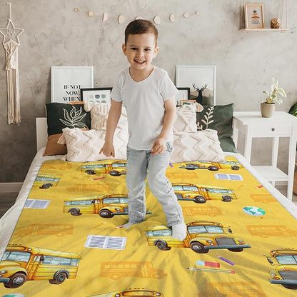 Kids School Bus Blanket Gift Cute Decor Throw Blankets for Boys, 40x50 Inches Lightweight Warm Flannel All Season Throw for Sofa Couch Bed Office