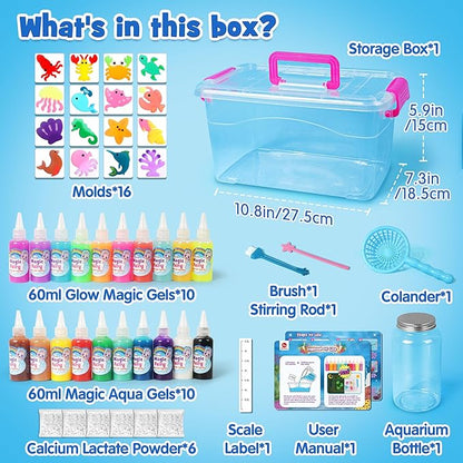 Mocoosy 20 Color Glow in The Dark Magic Water Elf Toy Kit for Kids, Aqua Fairy Water Gel Kit with Magic Gel & Squishy Molds, Make Your Own Squishy Toys & Water Pets, DIY Aqua Art Crafts Birthday Gifts