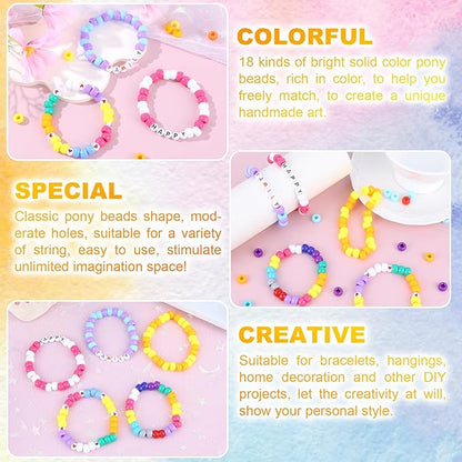 2600+pcs Pony Beads Kit 18 Color Rainbow Plastic Multicolor Pony Bead Bulk with Elastic String Hair Beads DIY Crafts Jewelry Making Kit for Bracelets Necklaces Key Chain
