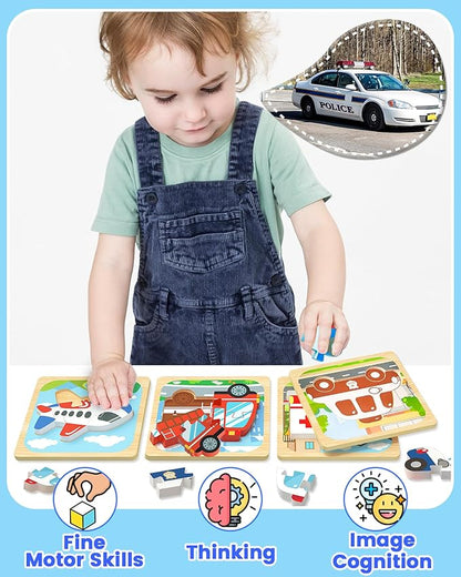 Benresive Wooden Toddler Puzzles, Montessori Toys for 1 2 3 Year Old Boys, Toys for 1 2 3 Year Old Boy Birthday Gifts, 4 Pack Vehicle Toddler Learning Educational Puzzles