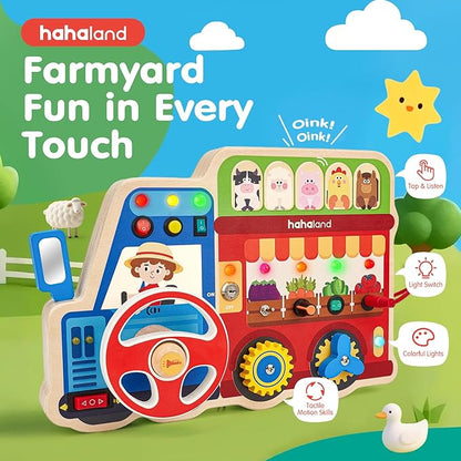hahaland Montessori Busy Board for Toddlers 3-5, 18-in-1 Wooden Sensory Activity Board with LED Lights & Switches, Educational Montessori Toy for Fine Motor Skills, Travel & Birthday