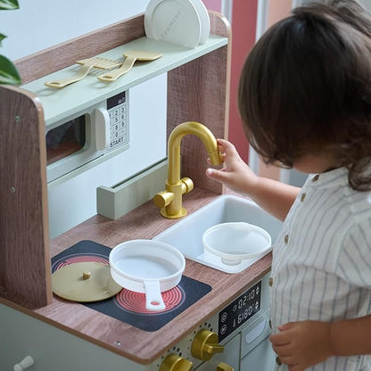 Teamson Kids Little Chef Lake Tahoe Smart Play Kitchen with Washing Machine, Oven, Microwave & Ample Storage, Neat & Compact Healthy Play for Age 3+, Sage Green