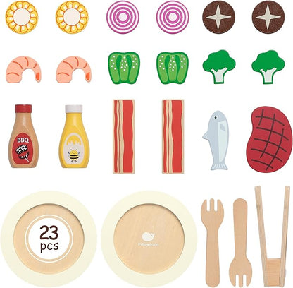 Wooden Play Food for Kids Kitchen - 24 Pcs Montessori Pretend Play Kitchen Accessories, Educational Learning Toys with Toy Fruits, Vegetables & Meat, Gift for Boys Girls Ages 3-6