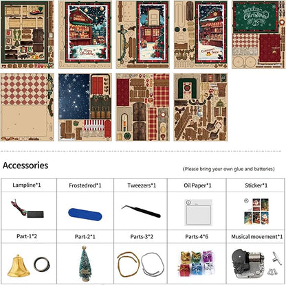 Christmas Shop,Book Nook Kit for Adults: Wooden 3D Puzzle DIY Miniature House Kit Tiny House with Lights and Music，Dollhouse Craft for Adults, Teens & Beginners，Gift for Family, Friends