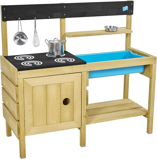 TP Toys Mud Play Kitchen For Kids - Indoor, Outdoor Wooden Toy Toddler Kitchen Playset with Accessories, Durable, Weatherproof, Removable Sink, Chalkboard, Wood Burner Stencils, Easy Assembly, Ages 3+