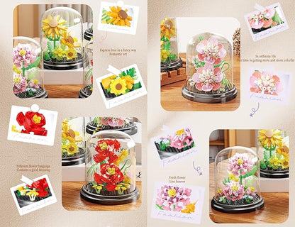 Passionate Bloom Home Bouquets Dust Cover Set Building Toy Creative Assembly Bonsai Tree, Ideal for Valentine's Anniversaries Birthday
