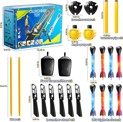 Rockets for Kids Age 4-8 with 8 LED Rockets and 2 Launcher - Outdoor Toys for 4 5 6 7 8-12 Year Old Boy Birthday Gift, Air Powered Flying Toy Shooting Up to 100 Feet, Toys for Kids Ages 8-12