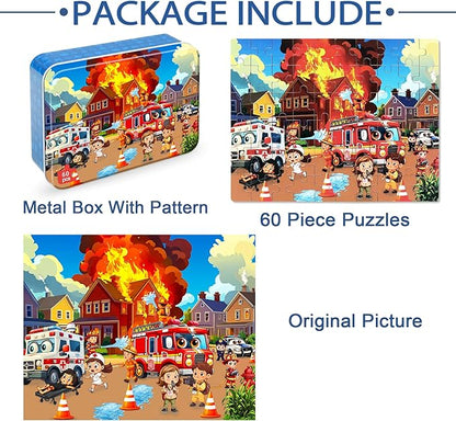 LELEMON Puzzles for Kids Ages 4-6, Fire Fighting 60 Piece Puzzles for Kids Ages 3-5 in a Metal Box, Educational Jigsaw Puzzles Childrens Puzzle Games Puzzle Toys for Girls and Boys