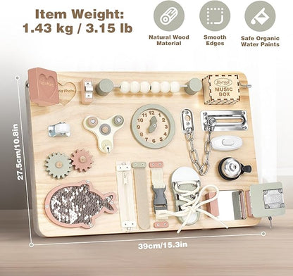 Joyreal Montessori Large Busy Board with Stand, Montessori Sensory Toys for Fine Motor Skills, Wooden Fidget Activity Board for Toddlers, Gifts for Boys Girls (Large Neutral)