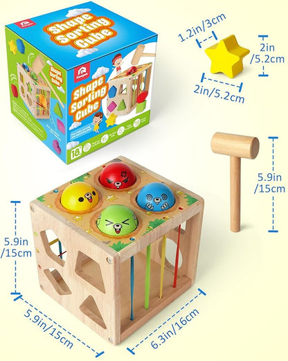 Coogam Wooden Montessori Toys for Toddlers, Shape Sorting Cube Fine Motor Skills Game for Year Old 18 Month+ Baby Boys Girls Gift