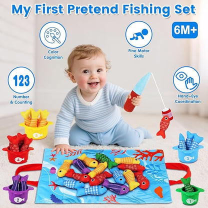 Montessori Toys for 1 Year Old Boy Girl - Toddler Toys Cloth Fishing Game with Stacking Cups - Sorting Learning Baby Toy 12-18 Months One Year Old Boys Girls First Birthday Gifts for 1 2 Year Old