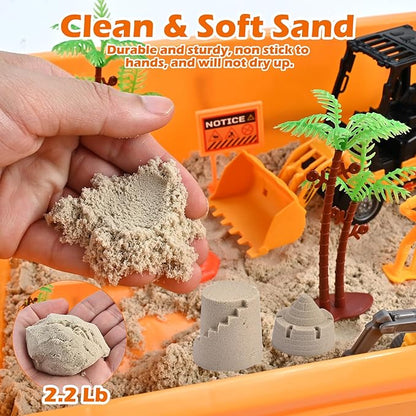 34Pcs Sand Construction Site Kit Sensory Bin Toy for Toddler with 8 Vehicles, 6 Castle Molds, 5 Road Signs, 4 Worker Figures, 2.2lbs Sand, Learning Sand Toys Birthday Gift for Kids Boys Ages 3 4 5