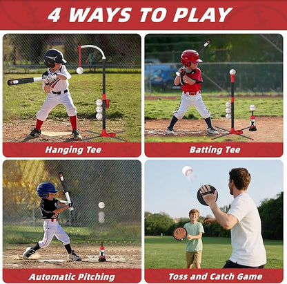 4 in 1 T-Ball Sets for Kids 3-5 with Toss and Catch Ball, Toddler Baseball with Auto Pitching Machine/6 Balls, Outdoor Sport Toys Gifts for Boys Girls