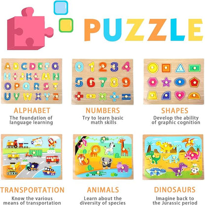 WOOD CITY Toddler Puzzles and Rack Set, Wooden Peg Puzzles Bundle with Storage Holder Rack, Educational Knob Puzzle for Kids Age 2 3 4 Years - Alphabet Number Shape Dinosaur Animal Vehicle