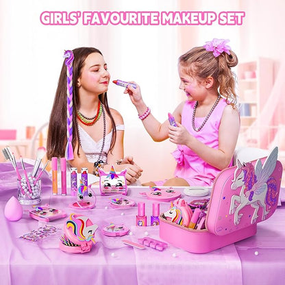 Kids Makeup Kit for Girl - Girls Makeup Kit Toys with Flying Horse Storage Case, Kids Play Makeup Set for Christmas Birthday Gift 3-12 Years Old