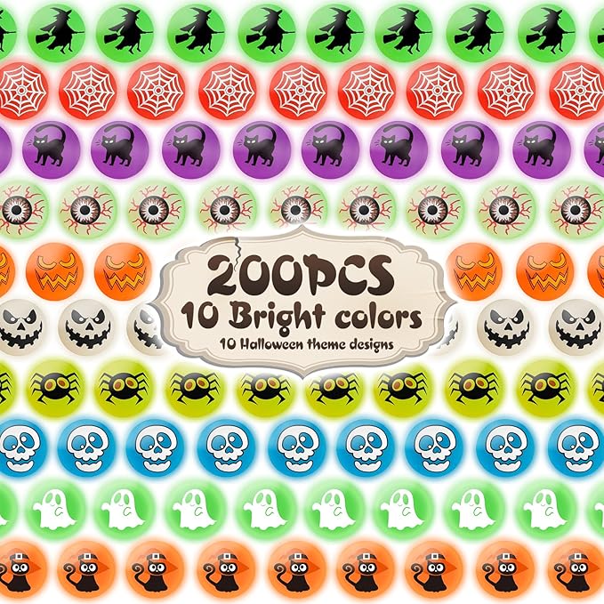 Shemira 200pcs Glow in The Dark Bouncing Balls,8 Halloween Theme Designs Bouncy Toys Balls, Halloween Party Favor Supplies, Trick or Treating Goodie, Halloween Miniatures,School Classroom Game Rewards