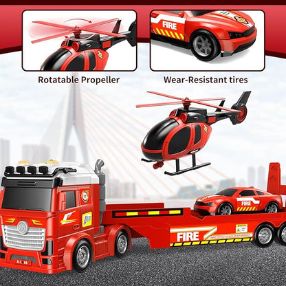 Kids Toys for Ages 3 4 5 6 7 8 Years Old Boys, 25" Large Fire Semi Truck with Helicopter & Race Car, Friction Powered Vehicle with Lights & Sounds,Birthday Gift for Boys Girls