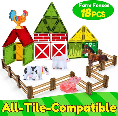 Oriate Farm Animals Fences Magnetic Tiles, 18pcs Magnet Fencing Compatible Garden Farming Zoo Dinosaur, Kids Magnetic Structural Construction Magnets Tile Building Blocks Toys Accessory
