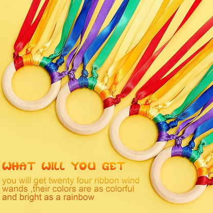 Junkin Ribbon Rings Hand Kite Waldorf Toys Dancing Wrist Ribbons Rainbow Streamers with Wood Ring Educational Toy for Playroom Dancing Birthday Party Gift(Bright Color,24 Pcs)