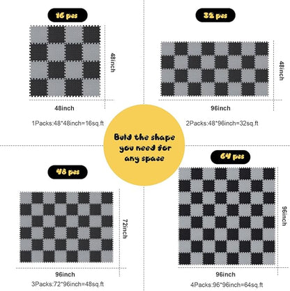 Shihanee Foam Floor Baby Tiles Foam Floor Mats Play Mats Bulk with Borders Interlocking for Kids Baby Playroom Nursery Gym (Black, Gray,64ft)