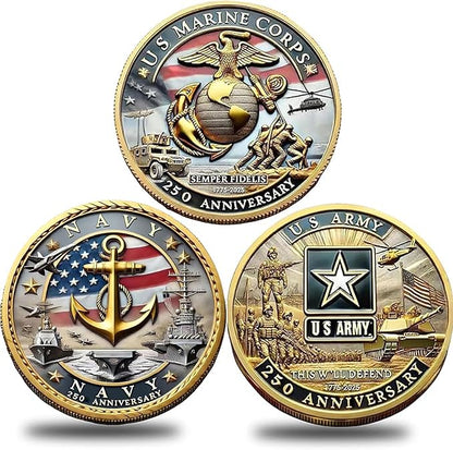 USMC 250th Anniversary Challenge Coin – 1.57" Double-Sided Gold-Plated Marine Corps Commemorative Coin – Military Gift for Veterans, Collectors, and Service Members(3pcs)