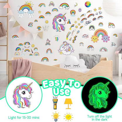 Glow in The Dark Unicorn and Rainbow Wall Decals, Stars Stickers for Baby Girls Room, Luminous Ceiling Decor for Bedroom Playroom Nursery