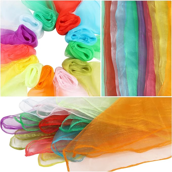 KIMOBER 12PCS Square Dance Scarves,12 Colors Juggling Silk Magic Tricks Music Movement Scarf Props for Kids Toddlers Children(24in × 24 Inches)