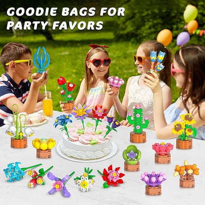 24 Pack Flowers Party Favors for Kids Building Set - 827PCS Succulents 3.6MM Mini Building Blocks Toy for Easter Basket Stuffers, Classroom Prizes, Mother's Day Birthday Gift for Girl Boy Ages 6+