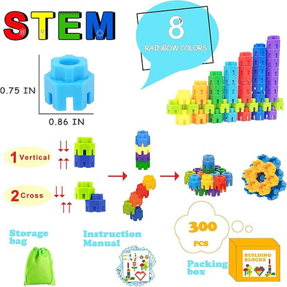 300 Pcs Kids Building Blocks with Storage Bag - Interlocking, Colorful Stem Toys for 3+ Year Old - Connects Building Toys for Kids Learning - Kindergarten Educational Toys for 3-5 Years