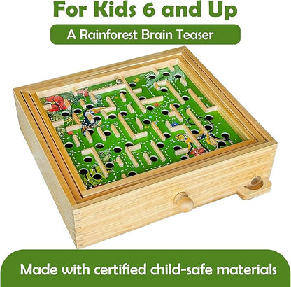 STERLING Wooden Labyrinth Marble Maze Game, Large 12.75" x 11.5" Tilt Maze Game Board with 60 Waypoints and Marble Balls Included, for Kids and Adults 6 Years and Up, Natural Jungle