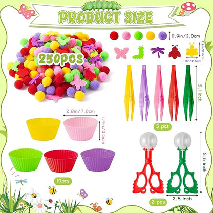 EZdhuawuse Fall Insects Sensory Bin Fillers Toys - 268 Color Counting Sorting Fine Motor Toys Set for Kids, Felt Dragonfly Butterfly Pom Poms Cups Clips for Preschool Education Birthday