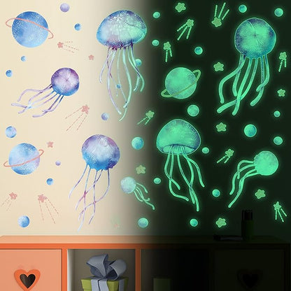 Starry Sky Jellyfish Wall Sticker Glow in The Dark Wall Stickers Stars Fluorescent Green Luminous Wall Decals DIY Peel Stick Art Decor for Walls Ceiling Kids Bedroom Living Room Nursery Girls and Boys(Green)