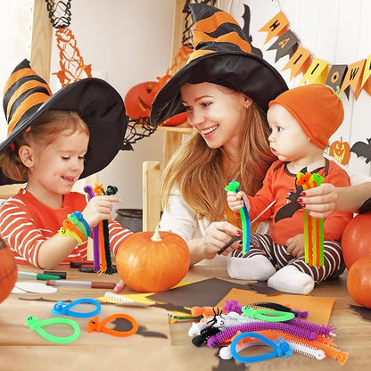 codree 48 Pcs Halloween Stretchy Fidget Toy, Colorful Stretchy Strings Sensory Fidget Toys, Sensory Stress Relief Stretch Toys with Ghost Pumpkin Bats Skull for Kids Party Favors Treat Bags Gifts