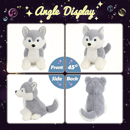 Hopearl LED Musical Stuffed Husky Lighting Up Singing Plush Dog Adjustable Volume Lullaby Animated Soothe Birthday Gifts for Kids Boys Girls, Gray, 12''