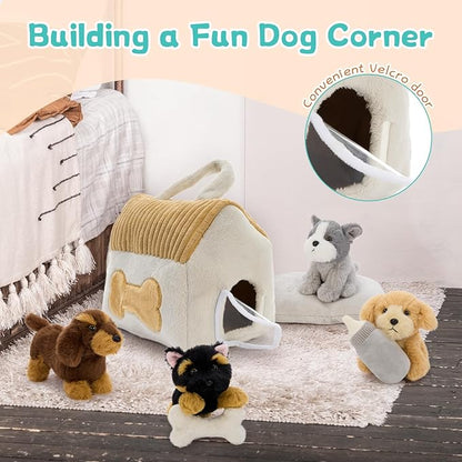 Muiteiur 8-Piece Dog House Plush Set, 9.8 Inch Plush Dog House Set with 4 Puppies, Magic Gate, Bottle, Bed Pad & Bone, Interactive Pet Toy for Kids