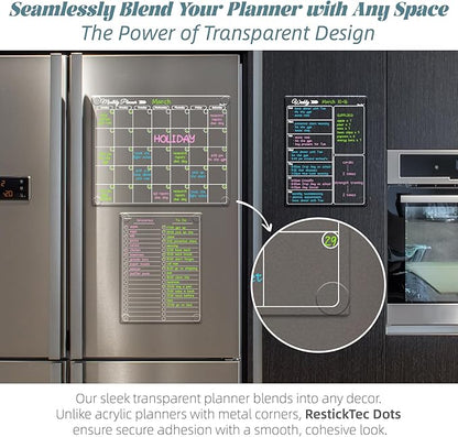 Clear Non-Magnetic Calendar Set for Fridge - Dry Erase Transparent Monthly, Weekly Calendar and List Board - Sticks to Wall, Glass, Door, Any Smooth Surfaces