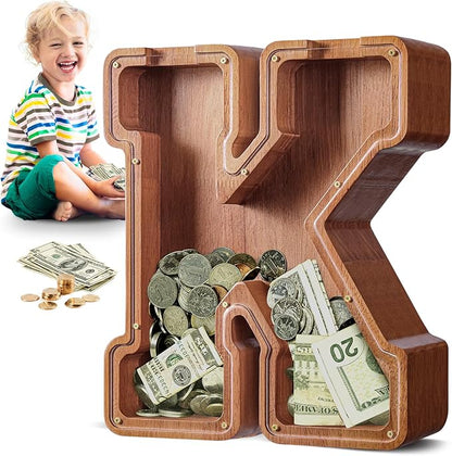 Summidate Large Wooden Piggy Bank for Kids Adults, Alphabets Letter A-Z Piggy Bank for Boys Girls, Coins Bills Change Bank Box Personalized Initial Name Kids Money Bank for Birthday Present and Decor