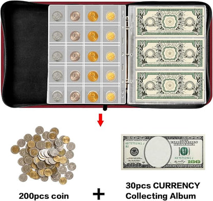 Coin Collection Book Holder for Collectors, 200 Pockets Coins Collecting Album & 30 Sleeves Paper Money Display Storage Case for Currency Collection Supplies (200+30 paper money binder)-Red