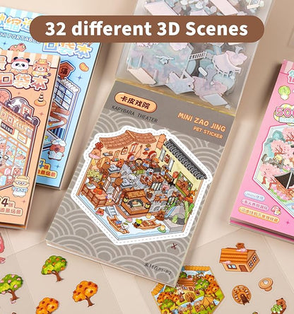 Pocket DIY 3D House Stickers, 32 Sets Fun DIY Sticker Scene Make Your Own Mini House Cute Cartoon Animal Scene Stickers for Kids Adult Sticker Art Relief Stress Pass The Time