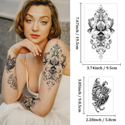 Temporary Tattoos for Adults, 47 Sheets Baroque Religious Flower Skull Designs Fake Tattoos, 17 Half Arm tat and 30 Small temp Tattoos