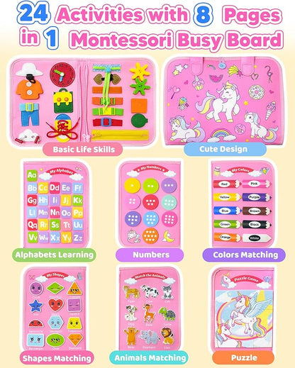 Busy Board Montessori Toys for Toddler Girl Birthday Gifts, Busy Book Sensory Learning Toys for Toddlers, Educational Activities Airplane Car Travel Toy for Girls