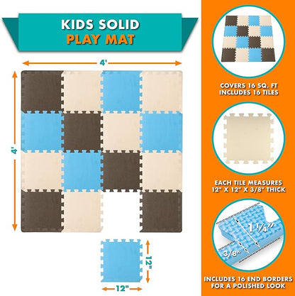 ProSource Foam Puzzle Floor Play Mat for Kids and Babies with Solid Colors, 36 or 16 Interlocking Tiles with Borders, Blue/Brown/Beige
