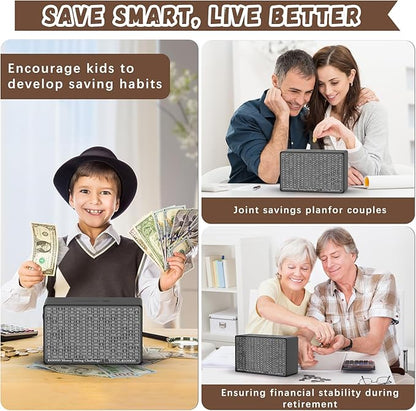 Wooden Money Saving Box, Cash Vault Savings Box for $10000 $5000 $3000 $1000 $800 $500 Target Money Saving Challenge, Reusable Money Box with Counter, Dry Erase Pen/Savings Trackers/Rubber Band-Black