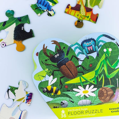 Crocodile Creek 36-Piece Jigsaw Floor Puzzle - Fun Floor Puzzles for Kids Ages 3-5 - Heavy-Duty Shaped Box for Storage - Backyard Bugs - 27" W x 20" H Finished